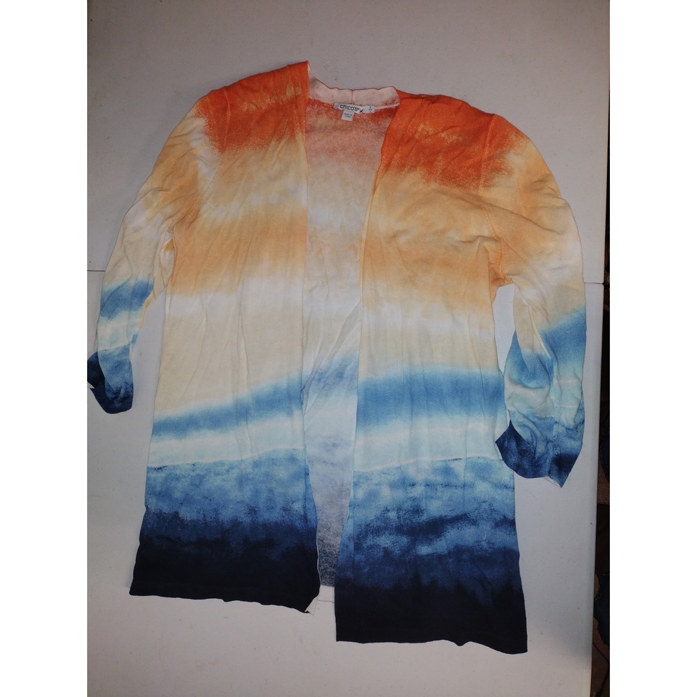 Chicos Ombre Sunset Horizon Open Front Cardigan Orange Blue White Size 2 Large